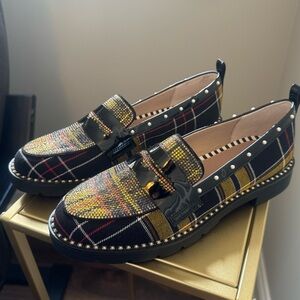 Betsy Johnson Halliee yellow plaid loafers size 7.5. Sparkly! New, never worn.
